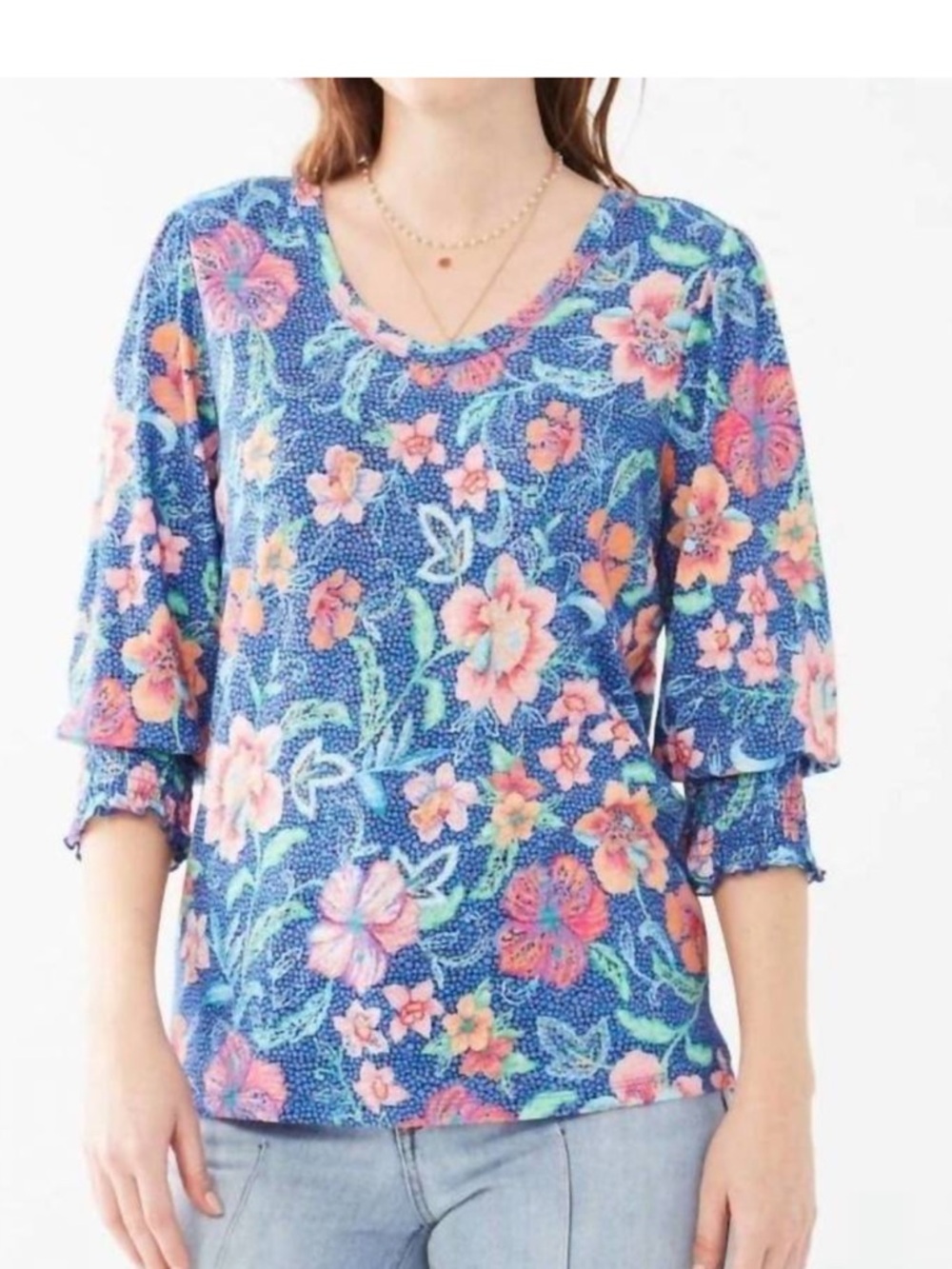 FDJ V-Neck Floral Tunic in Blue with Pink & Orange Flowers